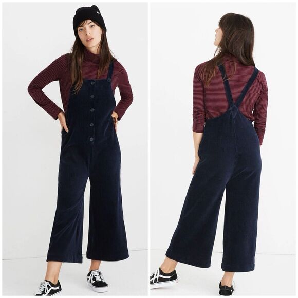 Madewell Texture & Thread Velour Corduroy Overalls Navy Size Small Oversized Fit - Picture 1 of 10